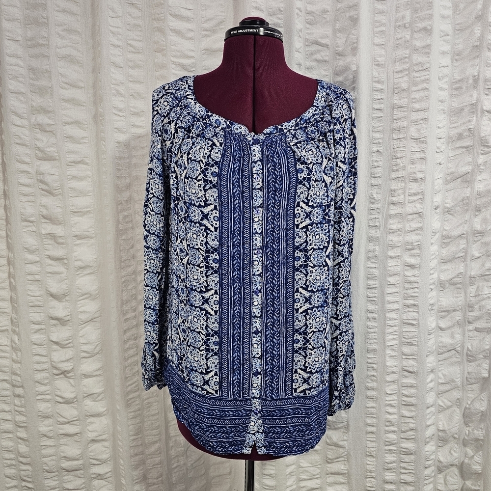 Lucky Brand Blue White Floral Button Up Blouse